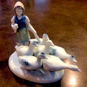 Vintage Large German Gerold Porcelain Blue and White Girl with Geese